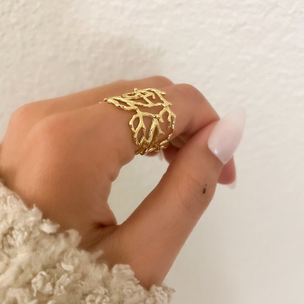 925 Sterling Silver Gold Textured Ring Vine Coral Tree Branch Ring Boho Ring - Picture 7 of 9